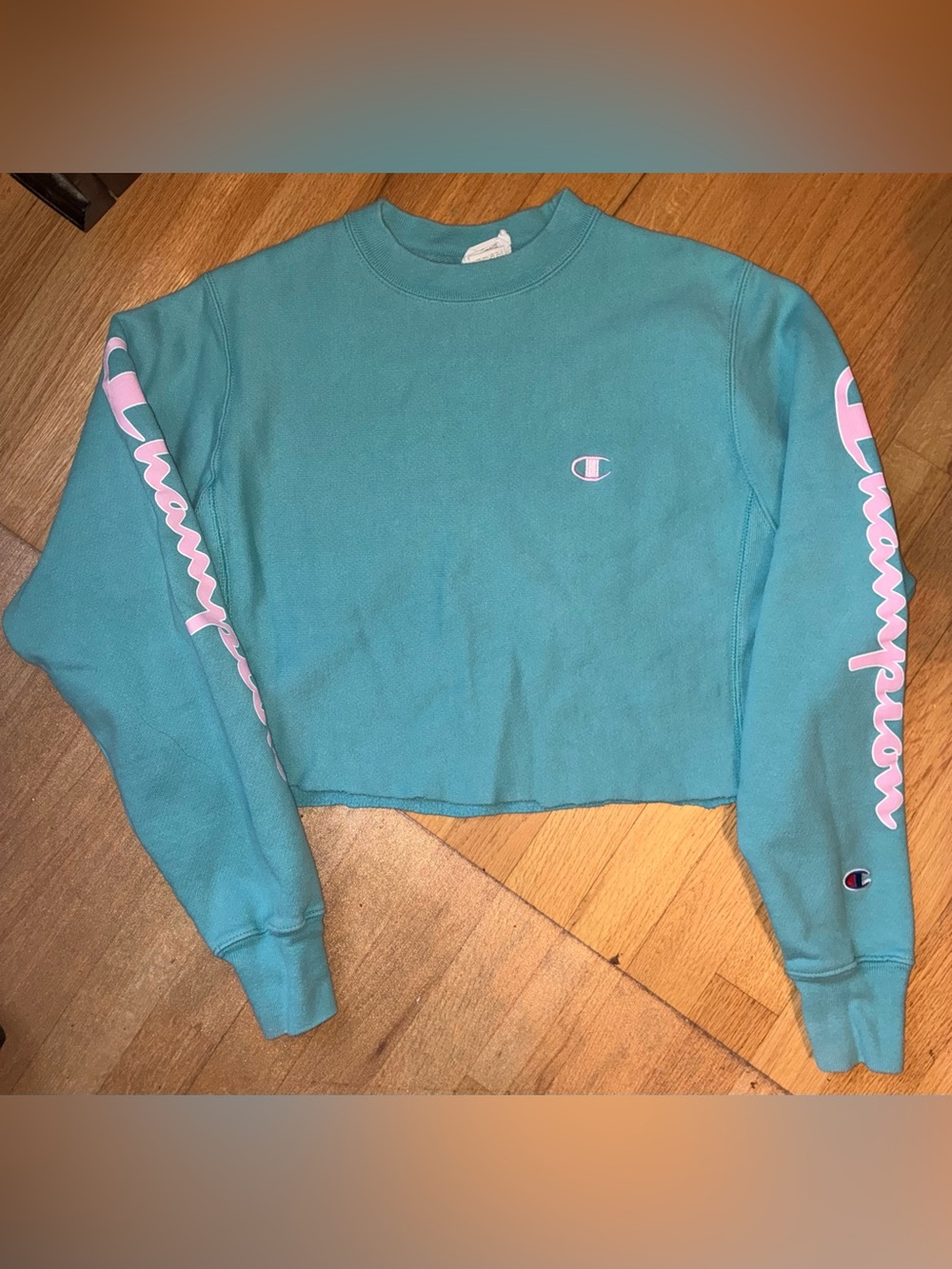 Champion Teal Crewneck Sweatshirt with Light Pink Logo